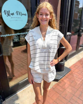 Cream and black striped modal top by Rae Mode, shown on model