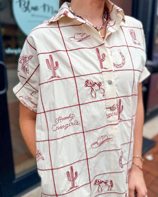 Cream Embroidered Oversized Western Shirt Dress - Shopbluemoonbentonville