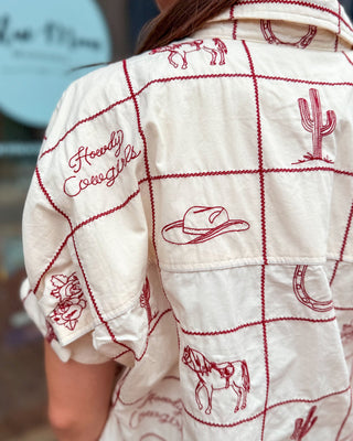 Cream Embroidered Oversized Western Shirt Dress - Shopbluemoonbentonville