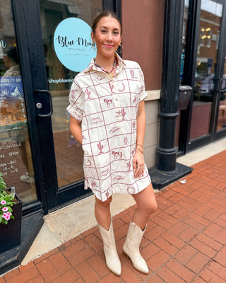 Cream Embroidered Oversized Western Shirt Dress - Shopbluemoonbentonville