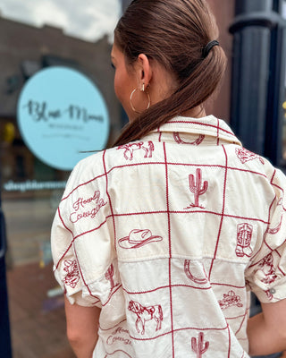 Cream Embroidered Oversized Western Shirt Dress - Shopbluemoonbentonville