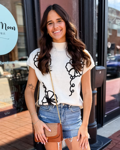 Cream Mockneck Floral Sweater