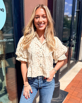 Cream Polka Dot Ruffle Collar Blouse - Blue Moon Bentonville