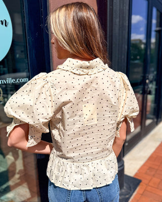 Cream Polka Dot Ruffle Collar Blouse - Blue Moon Bentonville