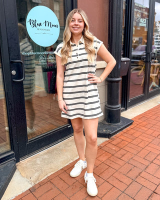 Cream Striped Collared Shirt Dress