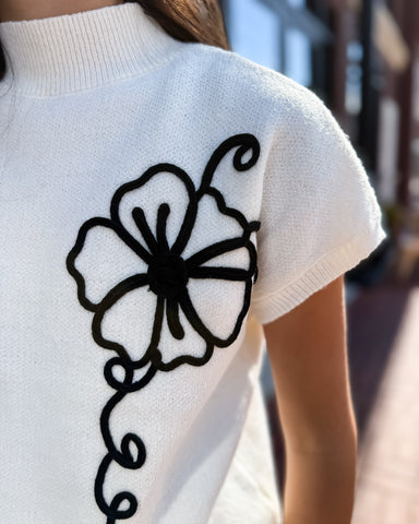 Cream Mockneck Floral Sweater