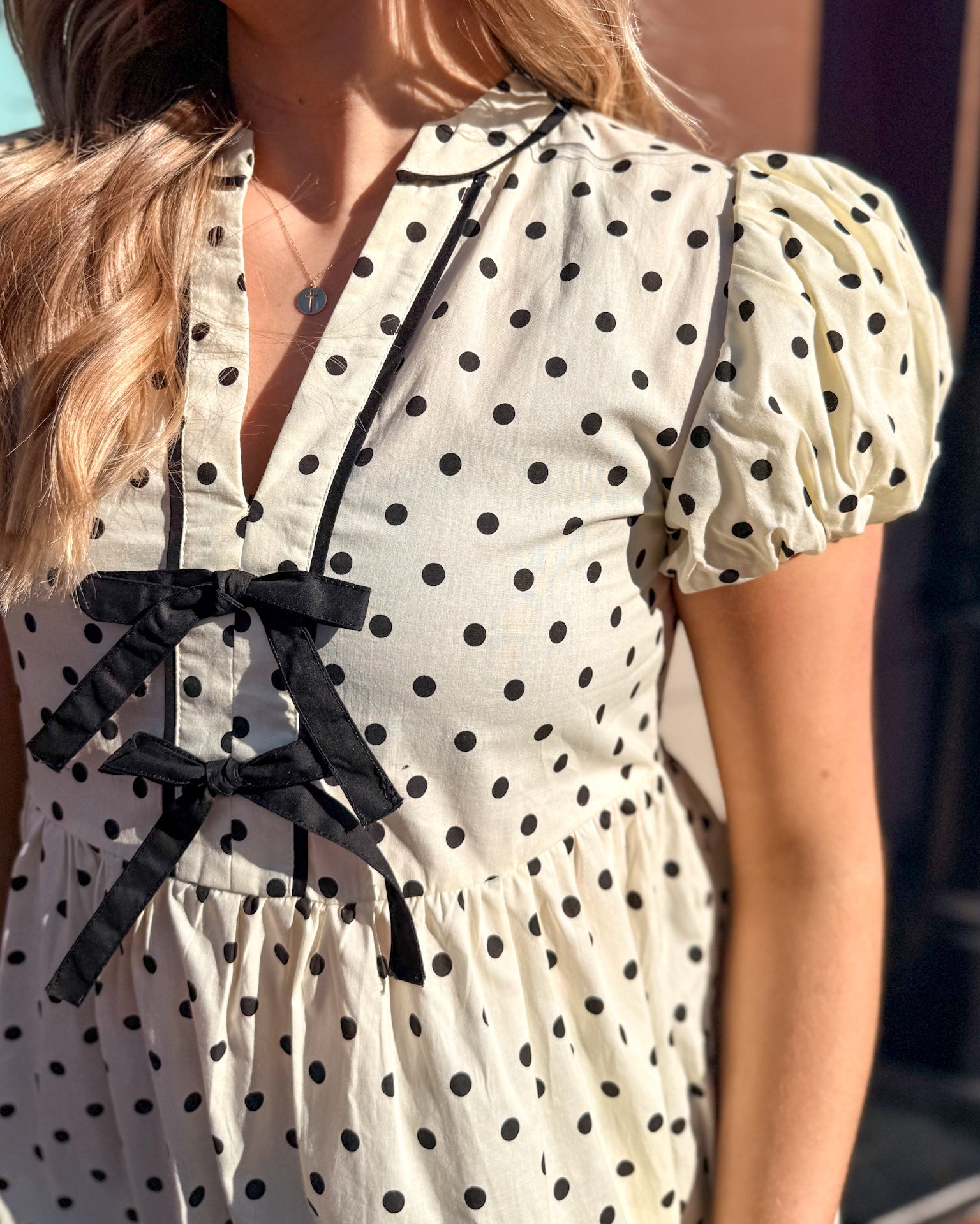Cream Polka Dot Top w/Bubble Sleeves