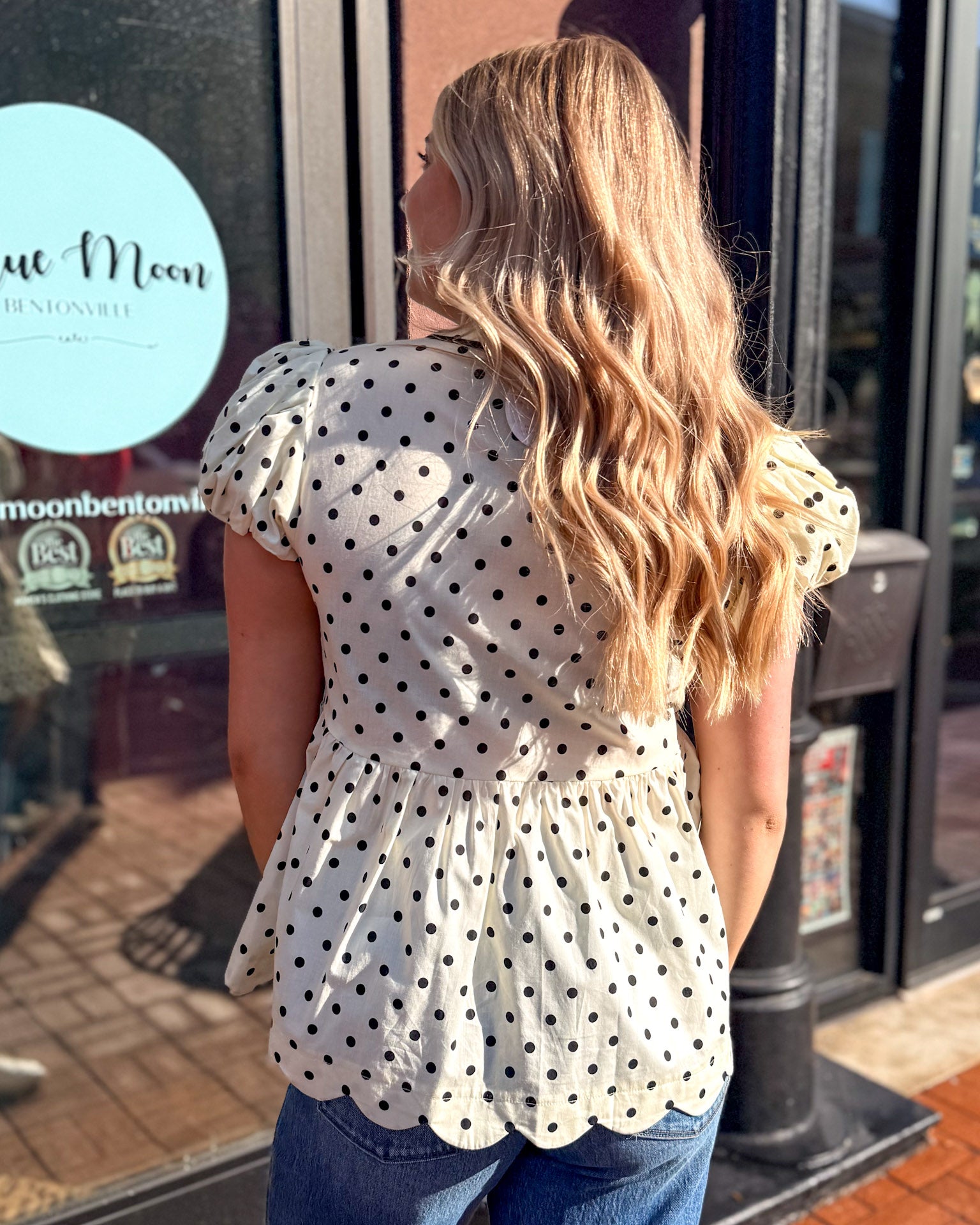 Cream Polka Dot Top w/Bubble Sleeves