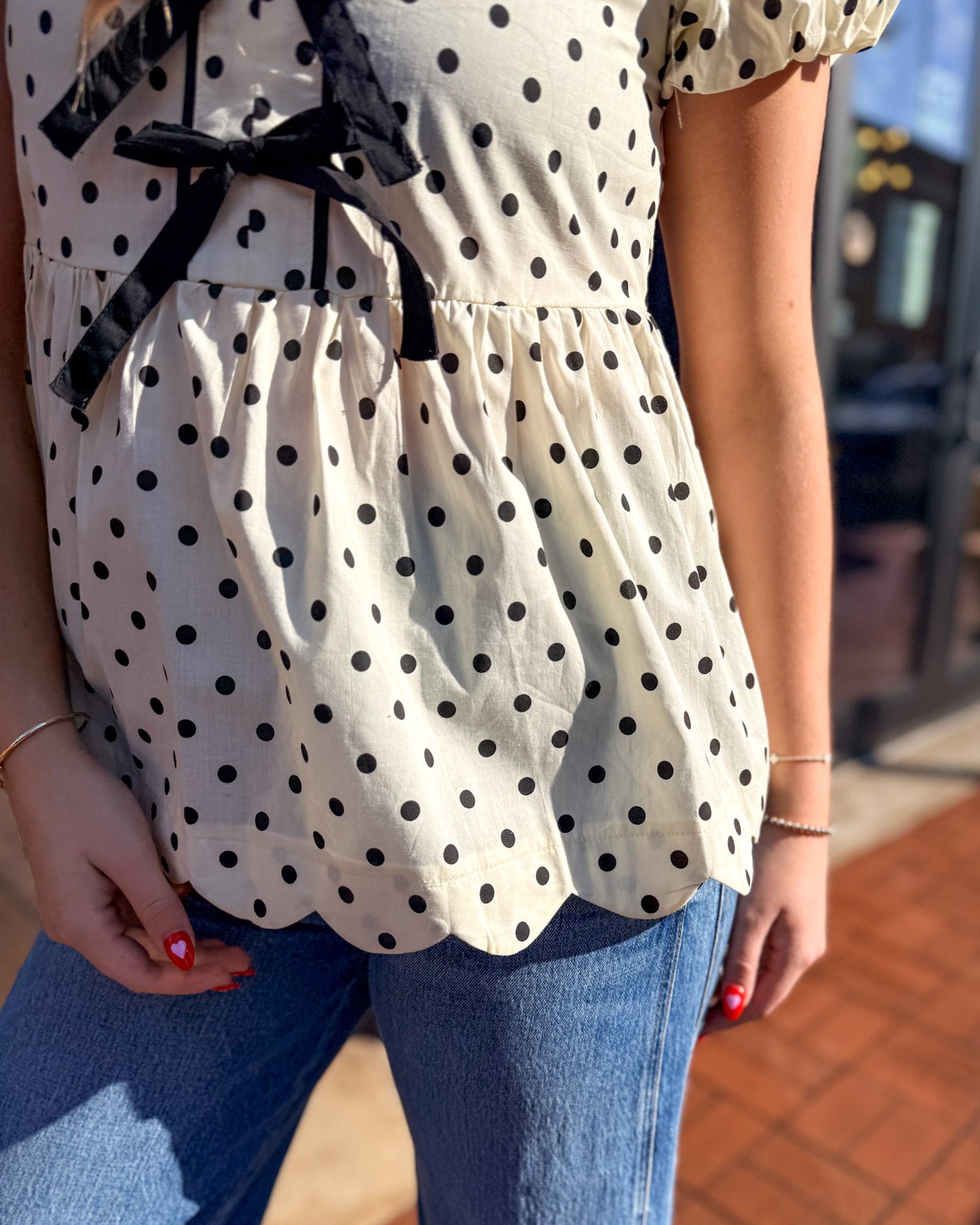 Cream Polka Dot Top w/Bubble Sleeves