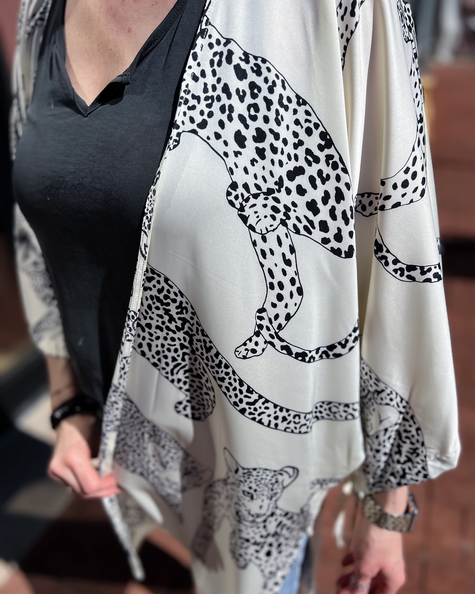 Cream Satin Cheetah Print Kimono