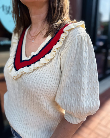 Cream Striped V-Neck Sweater