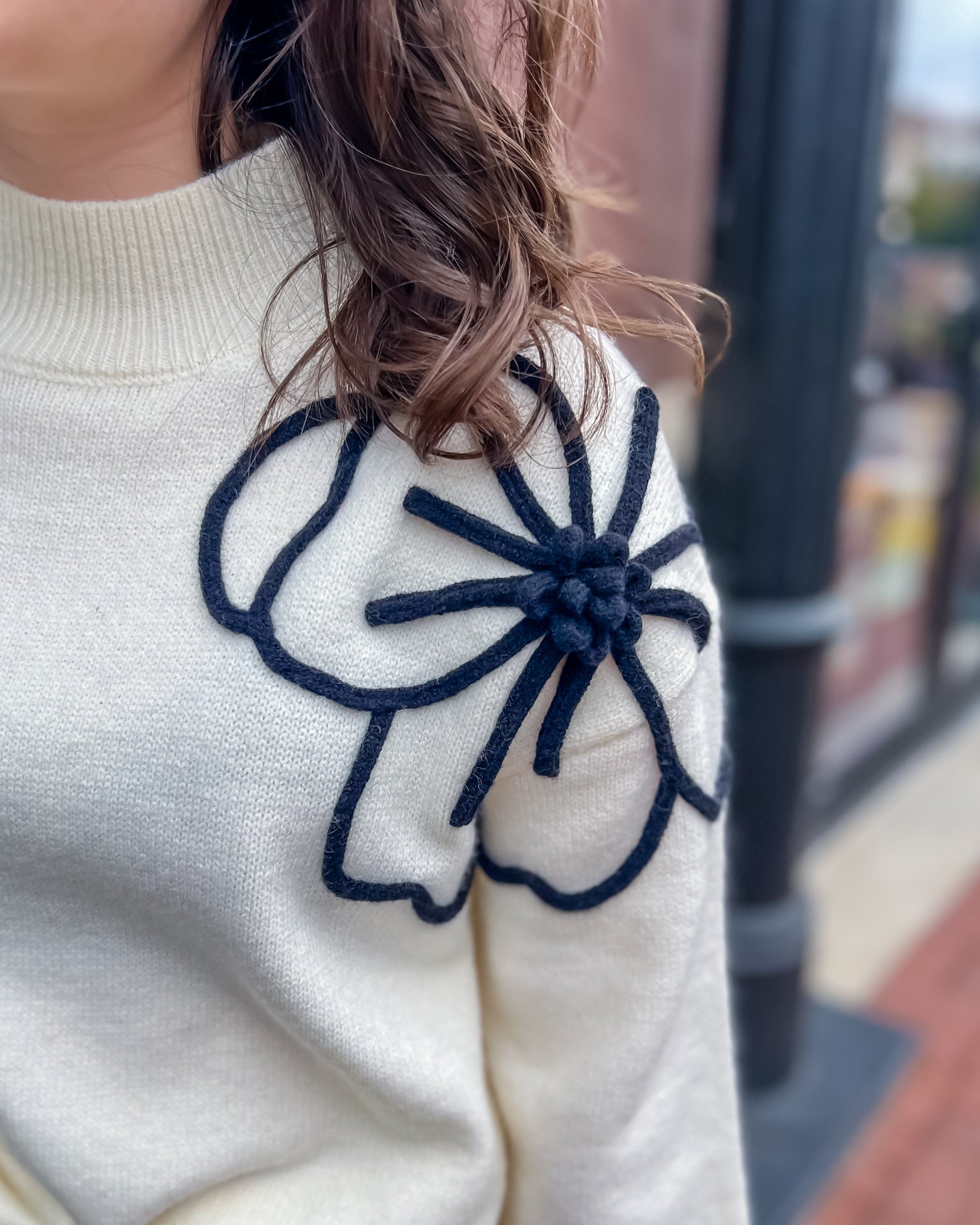 Cream Sweater w/ Flower Embellishment Sweater