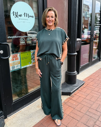 Dark Green Lounge Top w/Leopard Accent
