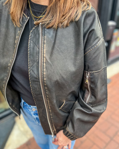 Dark Brown Leather Bomber Jacket