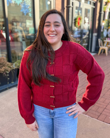 Deep Red Checkered Cardigan