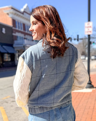 Denim Mixed Media Jacket w/Cable Knit Sleeves - Shopbluemoonbentonville