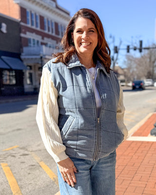 Denim Mixed Media Jacket w/Cable Knit Sleeves - Shopbluemoonbentonville
