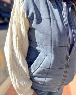 Denim Mixed Media Jacket w/Cable Knit Sleeves - Shopbluemoonbentonville
