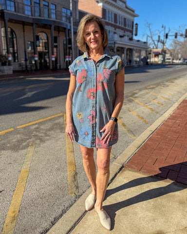 Denim Shirt Dress w/ Bright Flowers