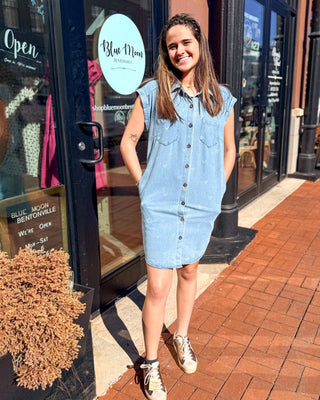 Denim Shirt Dress w/Bow Print - Shopbluemoonbentonville