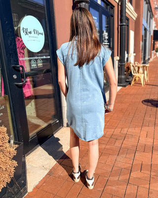 Denim Shirt Dress w/Bow Print - Shopbluemoonbentonville