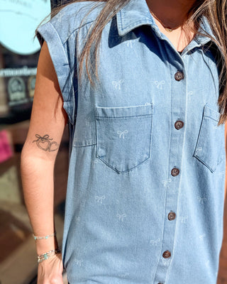 Denim Shirt Dress w/Bow Print - Shopbluemoonbentonville