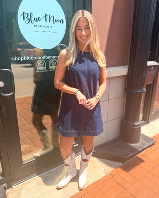 Denim Sleeveless Exposed Seam Mini Dress - Blue Moon Bentonville