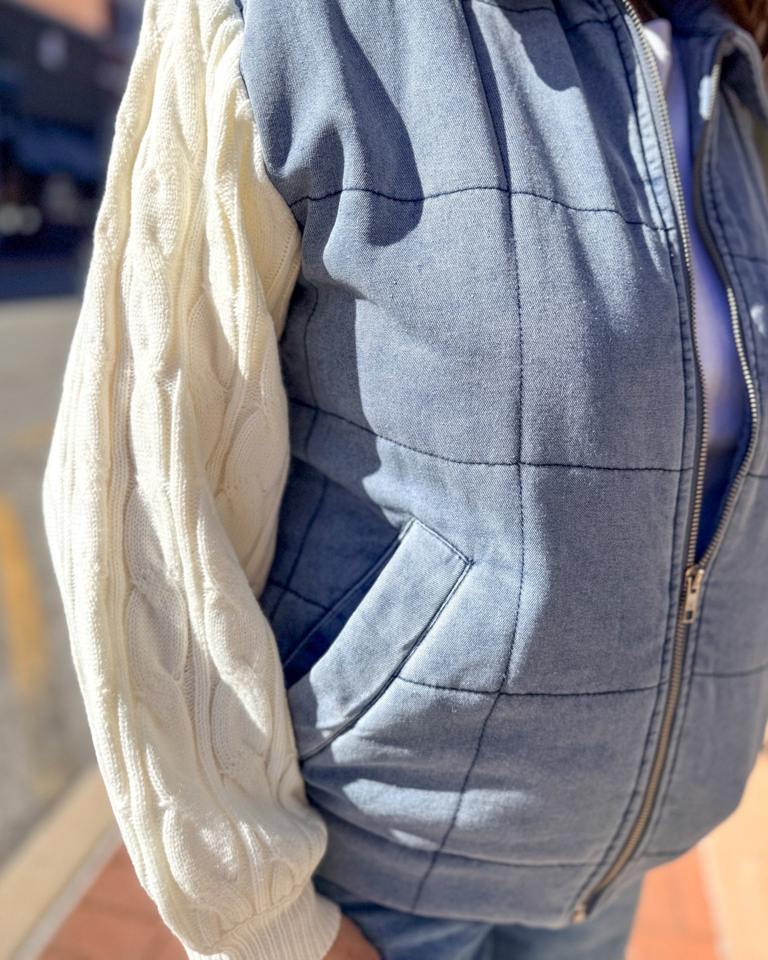 Denim Mixed Media Jacket w/Cable Knit Sleeves