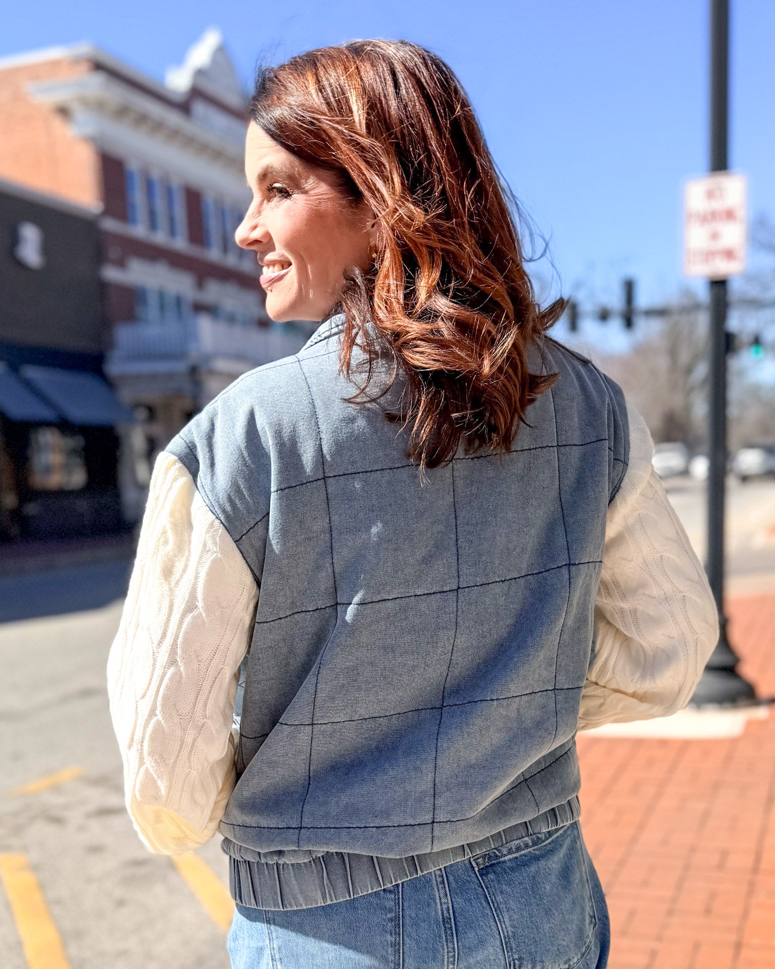 Denim Mixed Media Jacket w/Cable Knit Sleeves