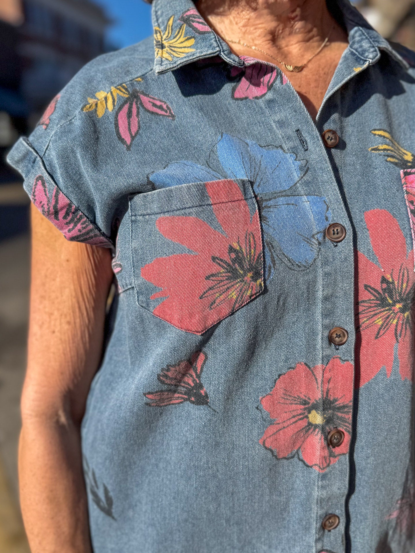 Denim Shirt Dress w/ Bright Flowers