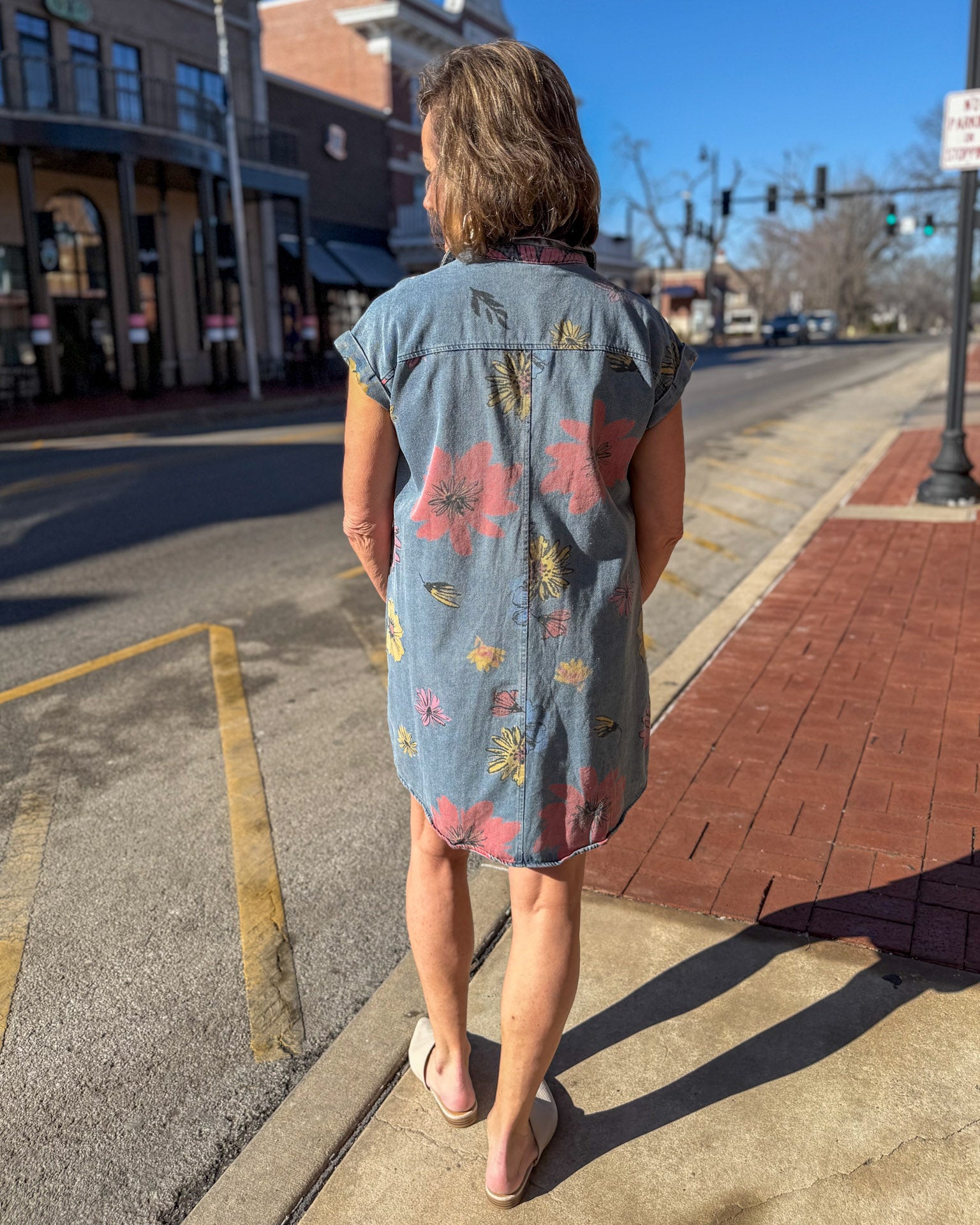 Denim Shirt Dress w/ Bright Flowers