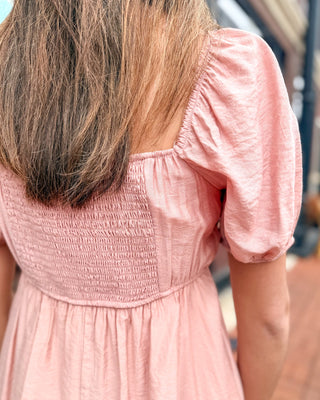 Dusty Peach Square Neck Puff Sleeve Dress - Shopbluemoonbentonville