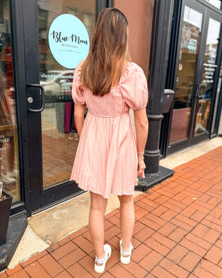 Dusty Peach Square Neck Puff Sleeve Dress - Shopbluemoonbentonville