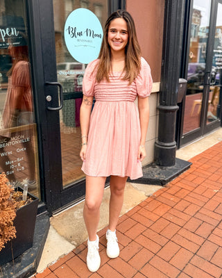 Dusty Peach Square Neck Puff Sleeve Dress - Shopbluemoonbentonville