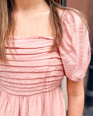 Dusty Peach Square Neck Puff Sleeve Dress - Shopbluemoonbentonville