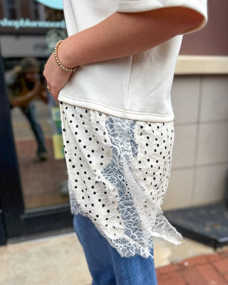Ecru Top w/Polka Dot Lace Contrast Hem - Blue Moon Bentonville