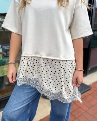 Ecru Top w/Polka Dot Lace Contrast Hem - Blue Moon Bentonville