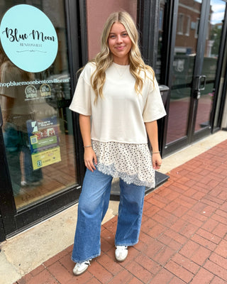 Ecru Top w/Polka Dot Lace Contrast Hem - Blue Moon Bentonville