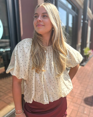 Ecru Polka Dot Puff Sleeve Top