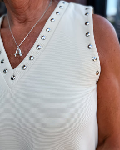 Ecru Studded Sleeveless Mini Dress