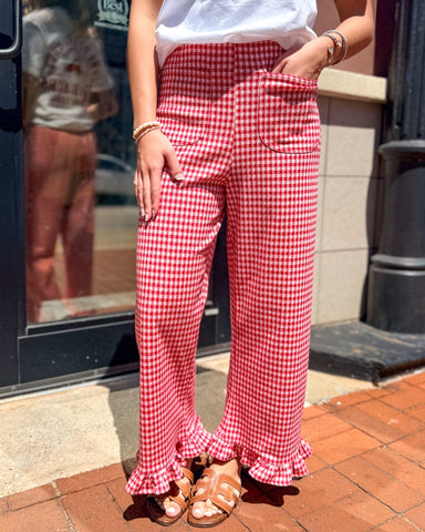 ee:some Red Gingham Ruffle Hem Gameday Pants - Playful Gingham Statement Pants - Shopbluemoonbentonville