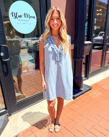 ee:some Sleeveless Ruffle Neck Denim Shift Dress - Shopbluemoonbentonville
