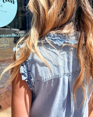 ee:some Sleeveless Ruffle Neck Denim Shift Dress - Shopbluemoonbentonville