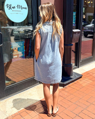 ee:some Sleeveless Ruffle Neck Denim Shift Dress - Shopbluemoonbentonville