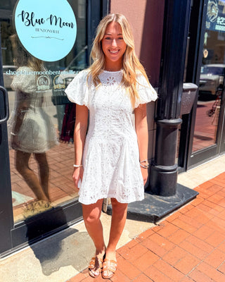 eyelet lace mini dress White Floral Eyelet Babydoll Mini Dress - Ivory Lace Detail