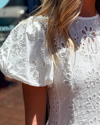 ee:some White Floral Eyelet Lace Bubble Sleeve Mini Dress - Shopbluemoonbentonville