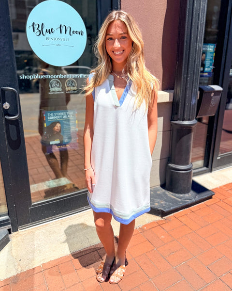 White Shift Dress with Blue Contrast Trim
