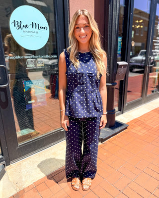 Entro Navy Polka Dot Peplum Top - Shopbluemoonbentonville