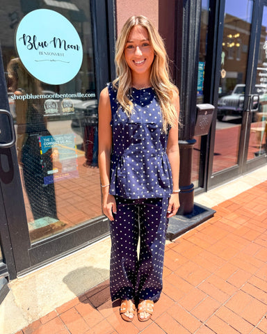 Entro Navy Polka Dot Peplum Top - Shopbluemoonbentonville