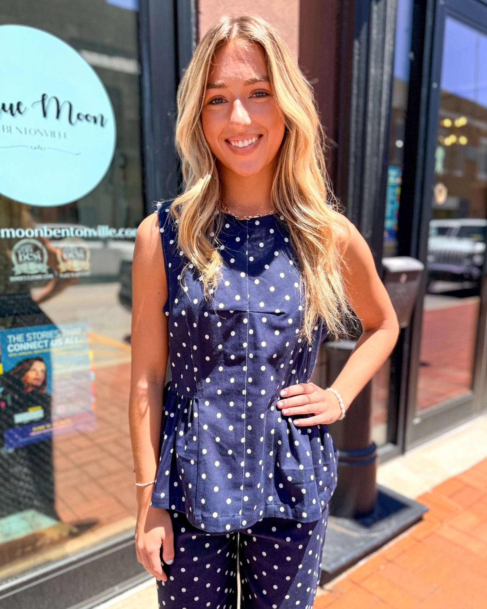 Entro Navy Polka Dot Peplum Top - Shopbluemoonbentonville